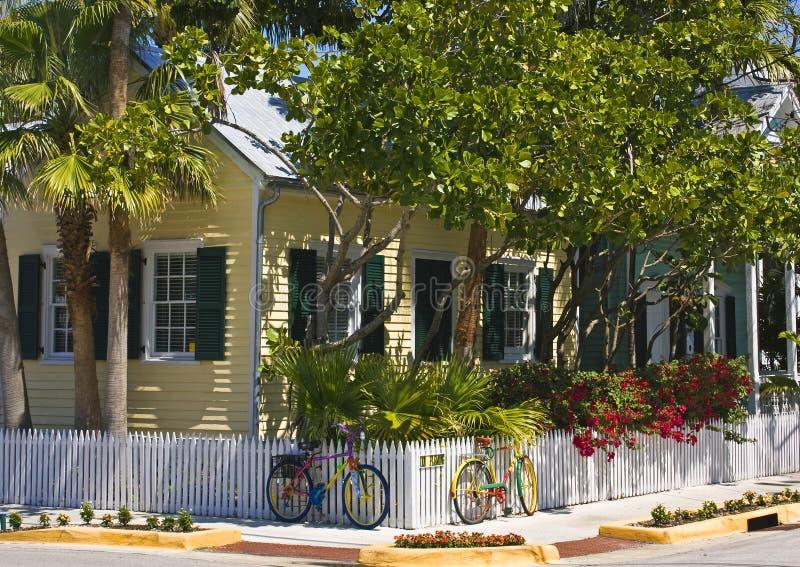 Cottage with brightly painted bicycles, Key West, Florida. Cottage with brightly painted bicycles, Key West, Florida