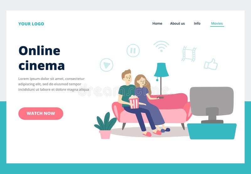 hålla ögonen på för parfilm Klockafilmer för ung man och kvinnahemma Online-vektor för sida för landning för tjänste- affär för b royaltyfri illustrationer hålla ögonen på för parfilm Klockafilmer för ung man och kvinnahemma Online-vektor för sida för landning för tjänste- affär för b royaltyfri illustrationer