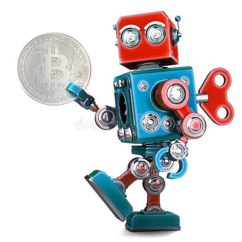 Hållande bitcoinmynt för Retro robot illustration 3d isolerat vektor illustrationer