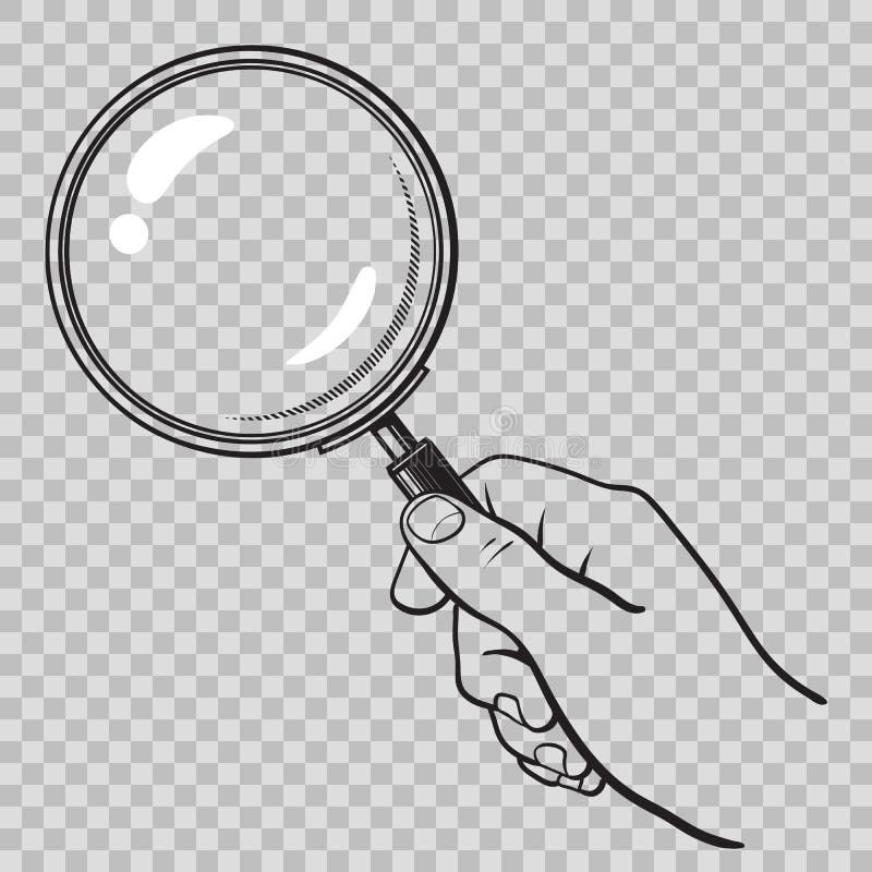 Hållande förstoringsglas för hand på genomskinlig bakgrund royaltyfri illustrationer