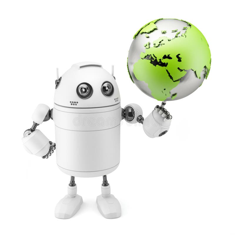 Hållande jordklot för gullig vit robot royaltyfri illustrationer