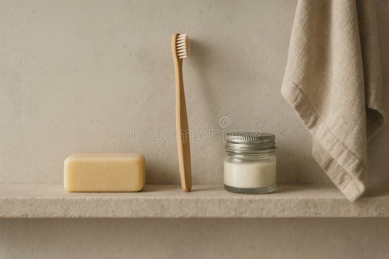 Hållbara badrumsbehov med bamboo tandborste handgjord tvålhandduk och en glasburk med naturlig tandkräm arkivfoto