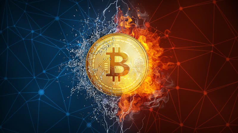 Hård gaffel för guld- bitcoinmynt i brandflamma-, blixt- och vattenfärgstänk royaltyfri illustrationer