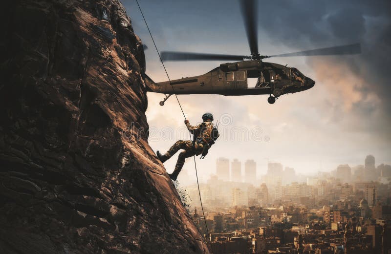 Hélicoptère et forces militaires entre le feu et la fumée dans la ville détruite photographie stock libre de droits Hélicoptère et forces militaires entre le feu et la fumée dans la ville détruite photographie stock libre de droits