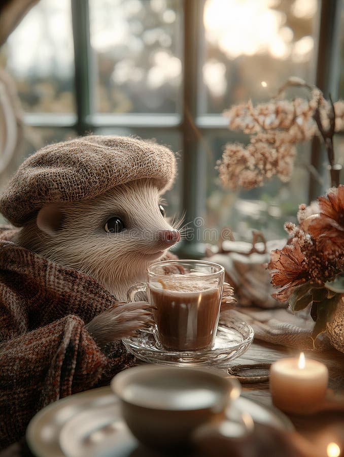 Hérisson confortable dégustant un café aux chandelles illustration stock