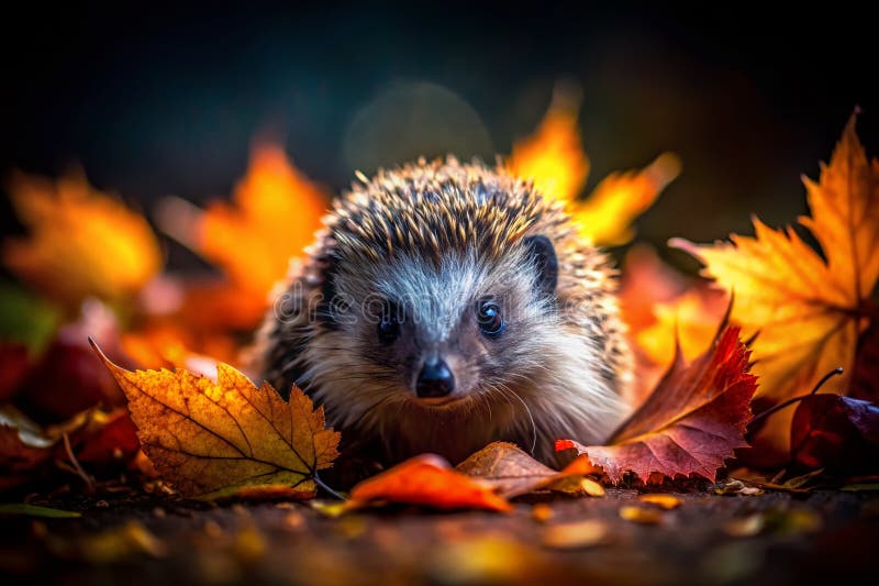 Hérisson Nocturne À La Recherche D'Un Abri Au Milieu De L'Automne Laisse Une Rencontre Nocturne Chaleureuse illustration libre de droits