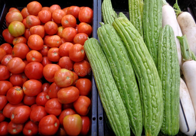 Hög av röda tomater, gröna bittra kalebasser och vita rädisor på marknaden arkivfoto Hög av röda tomater, gröna bittra kalebasser och vita rädisor på marknaden arkivfoto