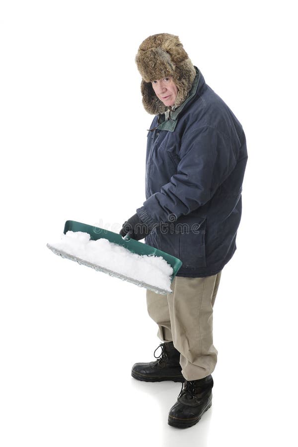 Full length image of a bunded senior man looking the the viewer as he lifts a shovel full of snow. On a white background. Full length image of a bunded senior man looking the the viewer as he lifts a shovel full of snow. On a white background.