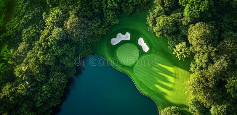 Hög vinkel på lush golf-kursen omgiven av tät skog och serensjö. ai generative royaltyfri illustrationer