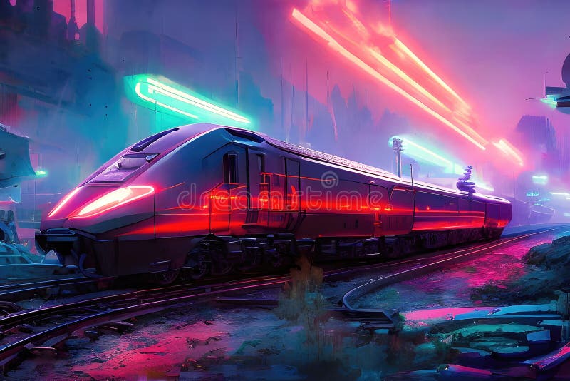Höghastighetståg på stationen och dimcitysfunktion nattetid på bakgrunden. generativ digital illustration fotografering för bildbyråer