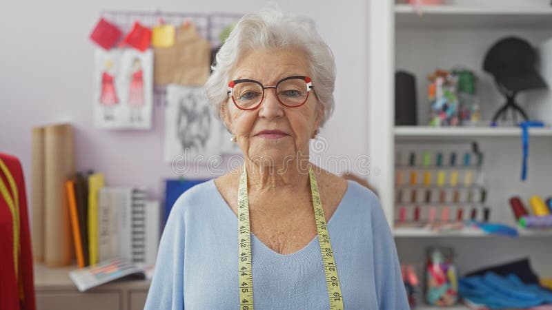 Högre kvinna med måttband i en skräddarbutik omgiven av sydda föremål och färgtråd royaltyfri foto