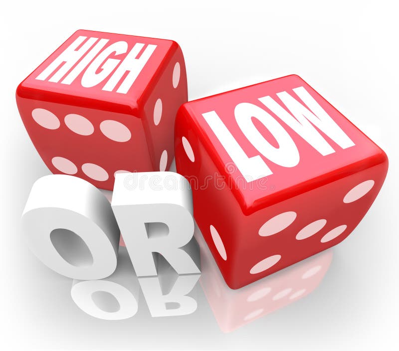 The words High or Low on two red dice to illustrate a guessing game or gambling to wager on minimum or maximum, more or less. The words High or Low on two red dice to illustrate a guessing game or gambling to wager on minimum or maximum, more or less