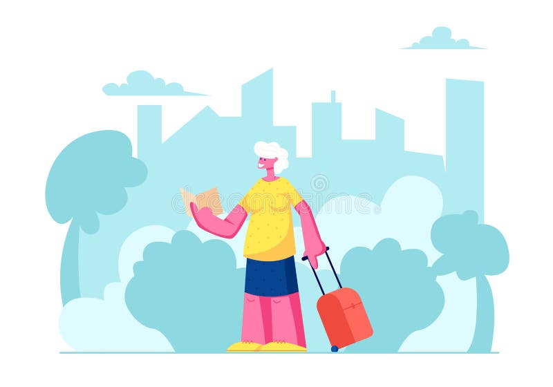 Högt turist- kvinnligt tecken med den hållande ögonen på översikten för bagage i stadstur, äldre resande kvinna som söker den hög vektor illustrationer Högt turist- kvinnligt tecken med den hållande ögonen på översikten för bagage i stadstur, äldre resande kvinna som söker den hög vektor illustrationer