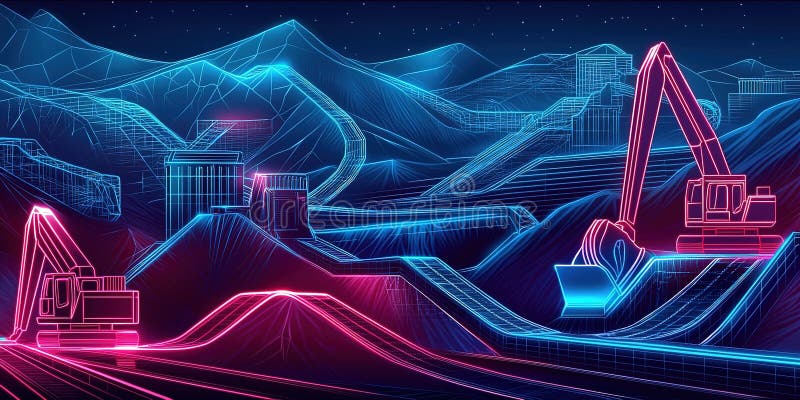 Högteknologisk byggarbetsplats i ett futuristiskt landskap på natten med digitala grävmaskiner och belysning stock illustrationer