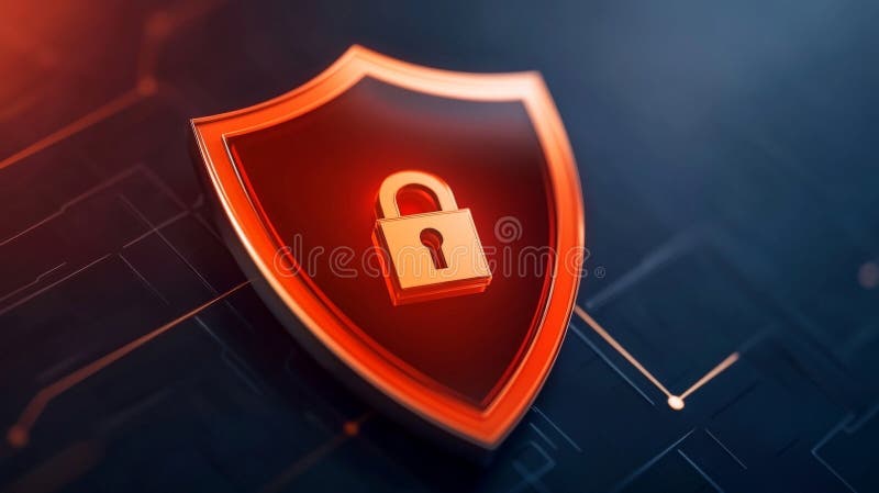 Högteknologisk röd cybersäkerhetshöljikon på en mörk digital nätbakgrund som representerar krypterad nätverks säkra kodning och r stock illustrationer
