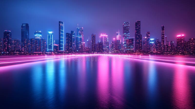 Högteknologiska futuristiska bron sträcker sig över livliga cityscape nattåligt ljusnande neonblått och magenta samtidigt som de v arkivfoto