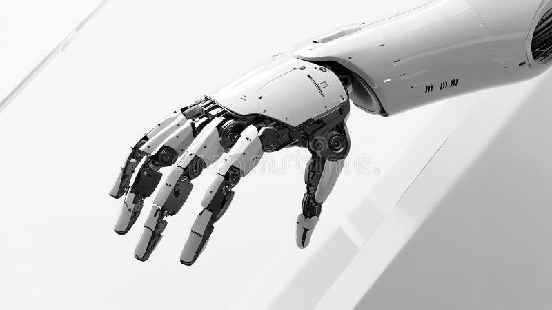 Högteknologiska robotarmar sätter ihop en artificiell mikrochipintelligens inom industrin royaltyfri fotografi