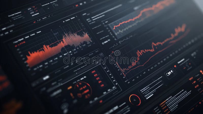 Högteknologiskt gränssnitt som visar AI-driven datavisualisering med diagram och mått. designfunktioner mörkt tema med rött royaltyfri illustrationer