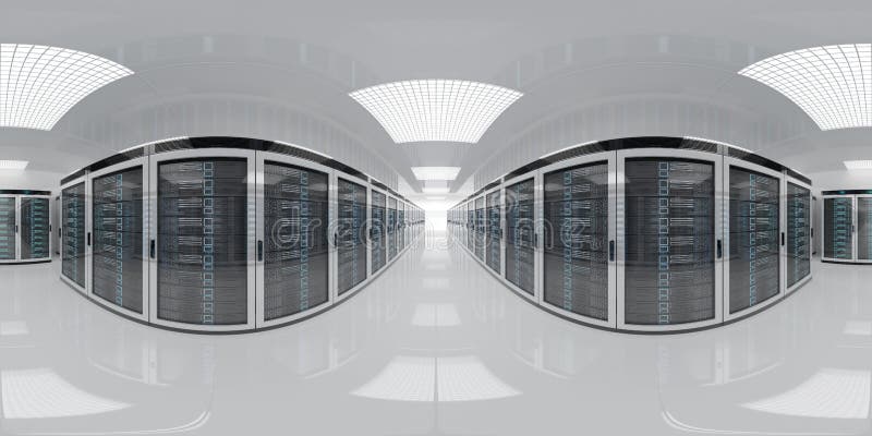 Högupplöst hdri-panoramisk vy av ett serverdatacenterdatacenter 360 panoramavbildning av ett datalagringssystem stock illustrationer