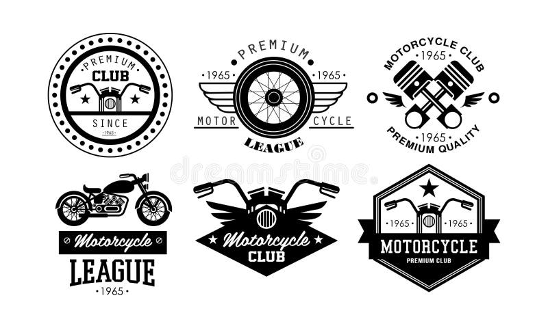 Högvärdig uppsättning för motorcykelligalogo, retro emblem för cyklistklubban, motorcykeldellager, vektor för reparationsservice vektor illustrationer Högvärdig uppsättning för motorcykelligalogo, retro emblem för cyklistklubban, motorcykeldellager, vektor för reparationsservice vektor illustrationer