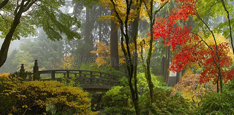 Hölzerne Brücke am japanischen Garten im Herbst