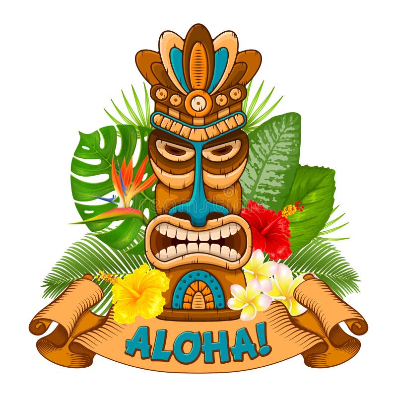 Tiki tribal wooden mask, tropical exotic plants and signboard of bar. Hawaiian traditional elements. Isolated on white background. Vector illustration. Tiki tribal wooden mask, tropical exotic plants and signboard of bar. Hawaiian traditional elements. Isolated on white background. Vector illustration.