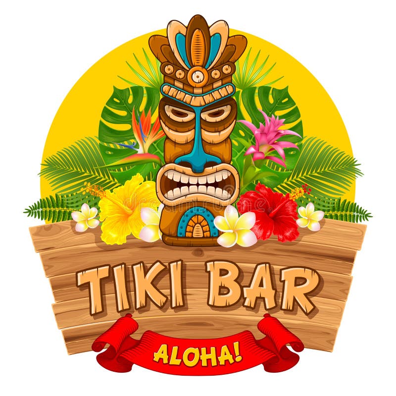 Tiki tribal wooden mask, tropical exotic plants and signboard of bar. Hawaiian traditional elements. Isolated on white background. Vector illustration. Tiki tribal wooden mask, tropical exotic plants and signboard of bar. Hawaiian traditional elements. Isolated on white background. Vector illustration.