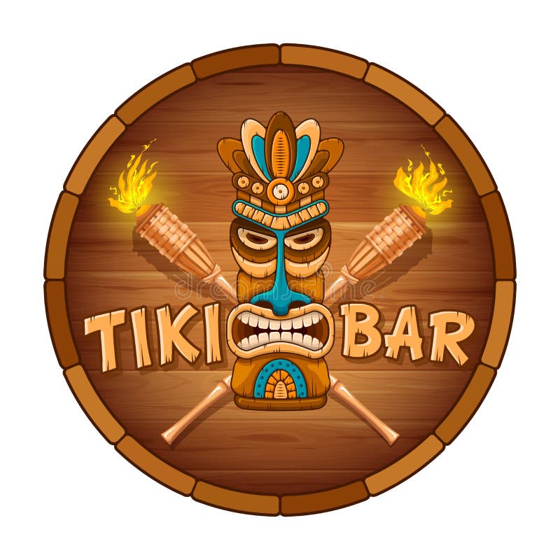 Hölzerne Tiki-Maske und Schild der Stange