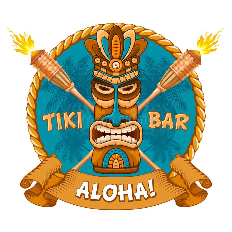 Tiki tribal wooden mask, bamboo torch and signboard of bar. Hawaiian traditional elements. Isolated on white background. Vector illustration. Tiki tribal wooden mask, bamboo torch and signboard of bar. Hawaiian traditional elements. Isolated on white background. Vector illustration.