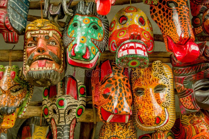 Hölzerner Maskenguatemala-Mayamarkt stockfotografie Hölzerner Maskenguatemala-Mayamarkt stockfotografie