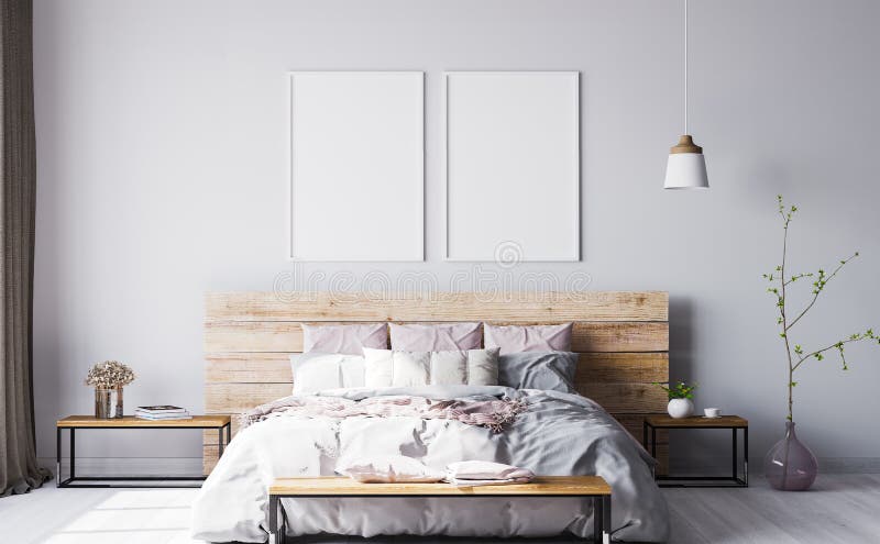 Wooden bedroom interior in beige and pink color on light background, gray wall and wooden bookshelf, and wooden headboard , 3D render. Wooden bedroom interior in beige and pink color on light background, gray wall and wooden bookshelf, and wooden headboard , 3D render