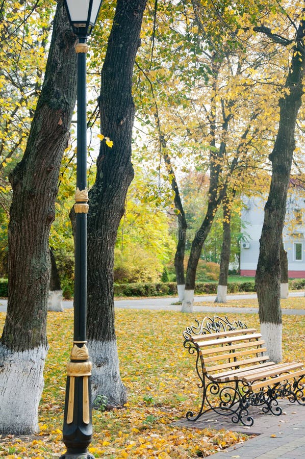 Hölzernes bech mit den metallischen Dekorationen, die nahe netter Straßenbeleuchtung im Herbstpark bleiben stockfoto Hölzernes bech mit den metallischen Dekorationen, die nahe netter Straßenbeleuchtung im Herbstpark bleiben stockfoto