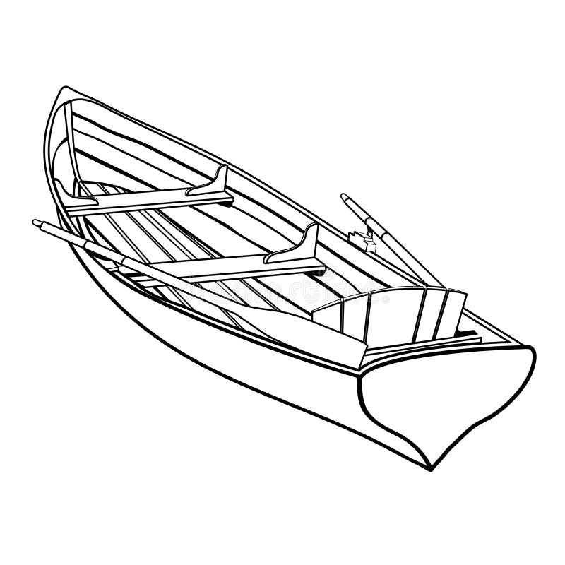 Hölzernes Boot mit Ruderentwurfszeichnung, Färbungsskizze, einfarbiges grafisches Bild, Schwarzweiss-Vektorillustration skiff lizenzfreie abbildung