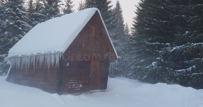 Hölzernes Lodge während des Schneeblizzards in der Winternatur.