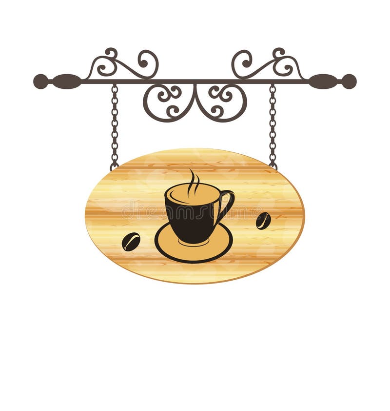 Hölzernes Schmiedenzeichen mit Kaffeetasse stock abbildung Hölzernes Schmiedenzeichen mit Kaffeetasse stock abbildung