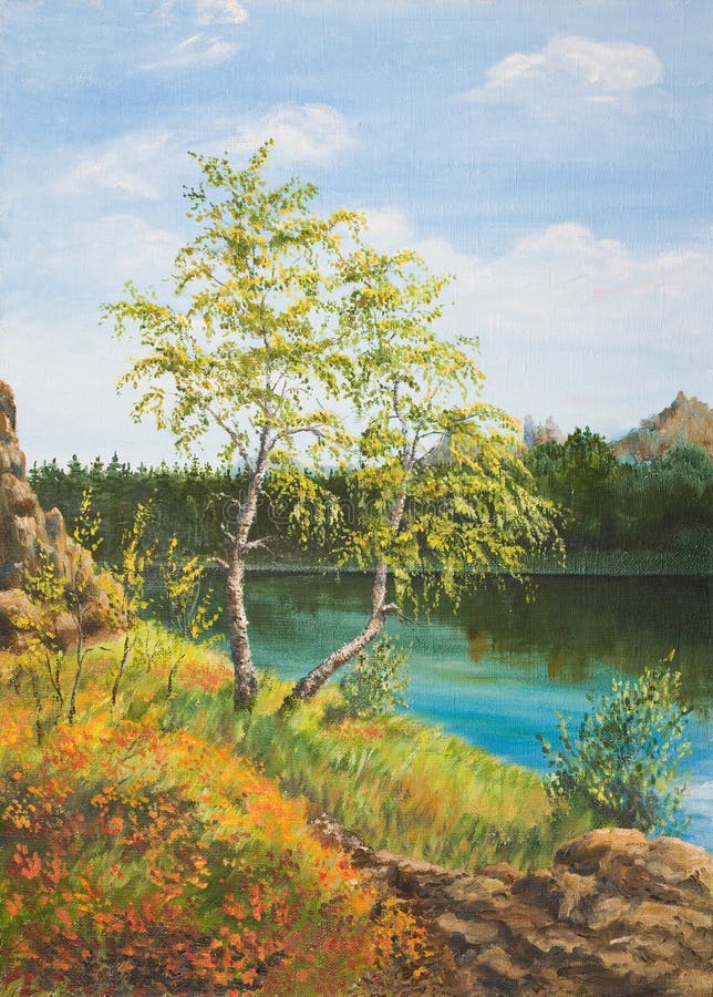 Höst lake Oljemålning på kanfas royaltyfria foton Höst lake Oljemålning på kanfas royaltyfria foton