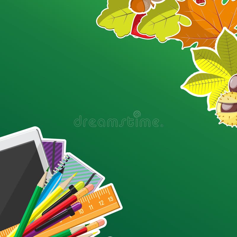 Höstbakgrund med kransen från sidor, frö, muttrar och skolatillförsel Plan illustration