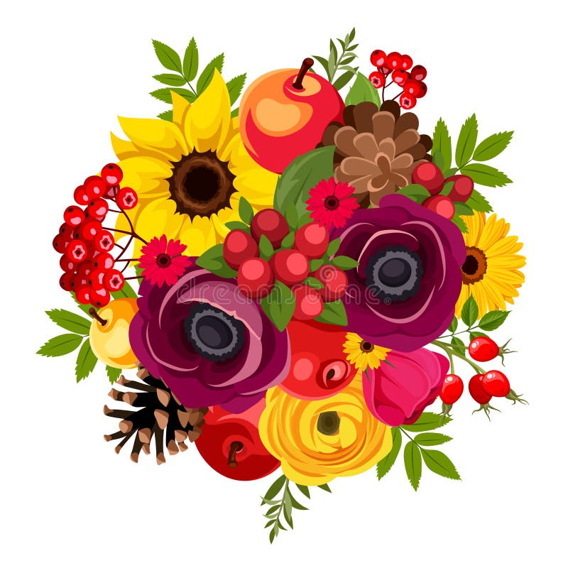 Autumn bouquet with purple, red and yellow flowers, apples, rowan berries, rosehip, cones and leaves. Vector illustration. Autumn bouquet with purple, red and yellow flowers, apples, rowan berries, rosehip, cones and leaves. Vector illustration.