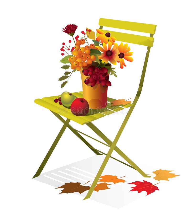 Höstbukett med blommor, äpplen på en stol stock illustrationer Höstbukett med blommor, äpplen på en stol stock illustrationer