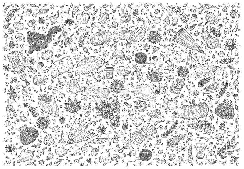 Hösten klottrar uppsättningen, utdraget themed för hand, gummistöveler, nedgångsidor, paraplyet, champinjoner, sidor, blommapajen vektor illustrationer Hösten klottrar uppsättningen, utdraget themed för hand, gummistöveler, nedgångsidor, paraplyet, champinjoner, sidor, blommapajen vektor illustrationer