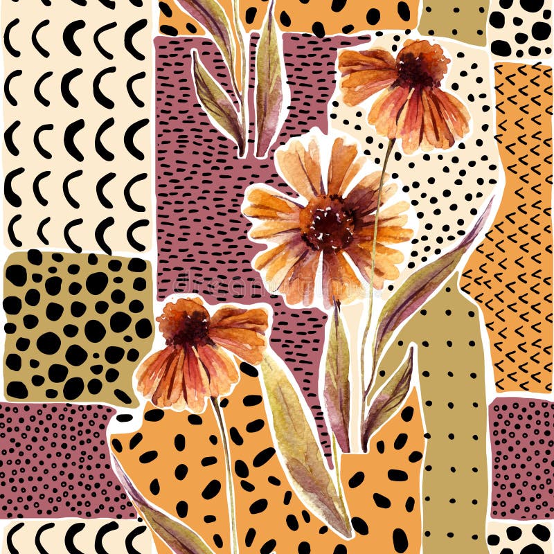 Höstvattenfärgkransen på geometrisk bakgrund med blommor, sidor, klottrar vektor illustrationer Höstvattenfärgkransen på geometrisk bakgrund med blommor, sidor, klottrar vektor illustrationer