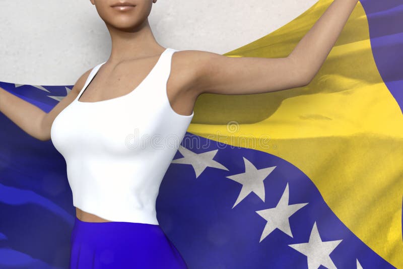 Hübsche Dame im hellen Rock hält Bosnien und Herzegowina Flagge in den Händen hinter ihrer Rückseite auf dem weißen Hintergrund - lizenzfreie abbildung Hübsche Dame im hellen Rock hält Bosnien und Herzegowina Flagge in den Händen hinter ihrer Rückseite auf dem weißen Hintergrund - lizenzfreie abbildung