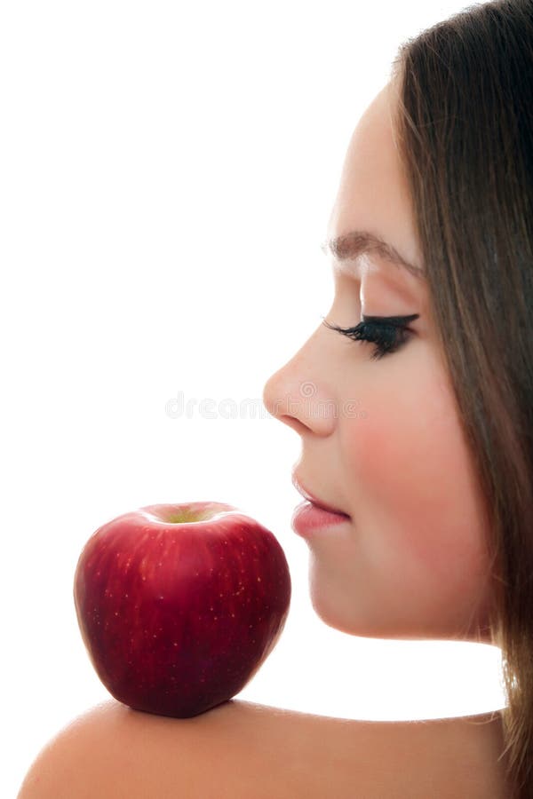 Hübsche Frau mit rotem Apfel lizenzfreie stockbilder Hübsche Frau mit rotem Apfel lizenzfreie stockbilder