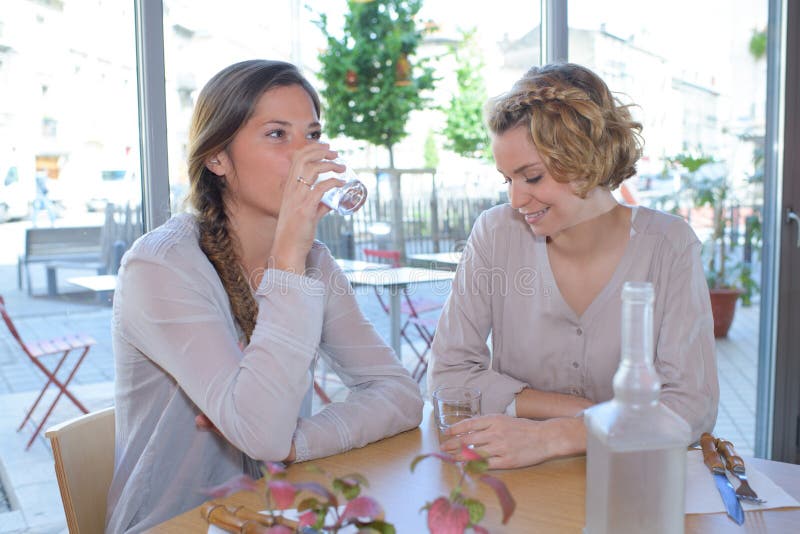 Hübsche Frauen, die im Restaurant zu Mittag essen lizenzfreie stockbilder Hübsche Frauen, die im Restaurant zu Mittag essen lizenzfreie stockbilder