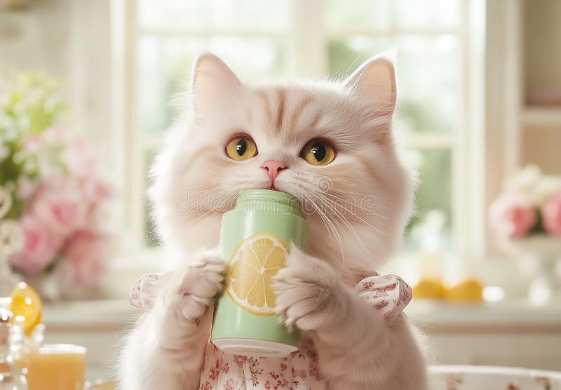 Hübsche Kätzchen in einer Limonade aus einer grünen Flasche lizenzfreie abbildung