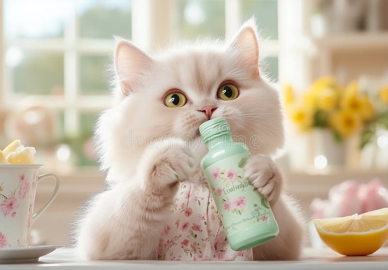 Hübsche Kätzchen in einer Limonade aus einer grünen Flasche stock abbildung