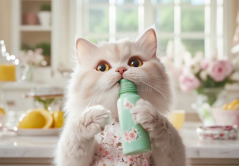 Hübsche Kätzchen in einer Limonade aus einer grünen Flasche stock abbildung