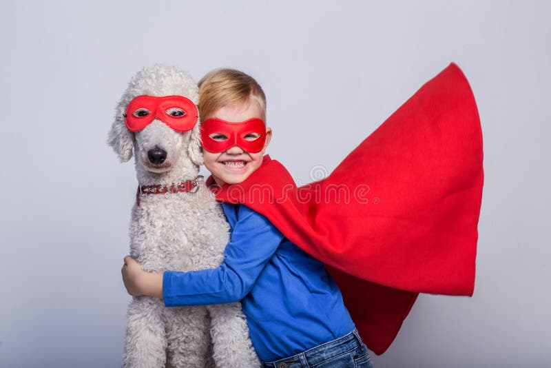Hübscher kleiner Supermann mit Hund superhero Halloween Studioporträt über weißem Hintergrund stockbild Hübscher kleiner Supermann mit Hund superhero Halloween Studioporträt über weißem Hintergrund stockbild