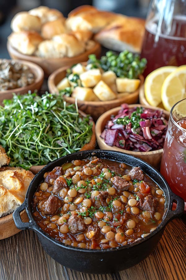 Hübscher Lentil Eintopf, umgeben von frischem Salatbrot, sorgt für eine rustikale und einladende Ernährung, die perfekt für die Pr stock abbildung