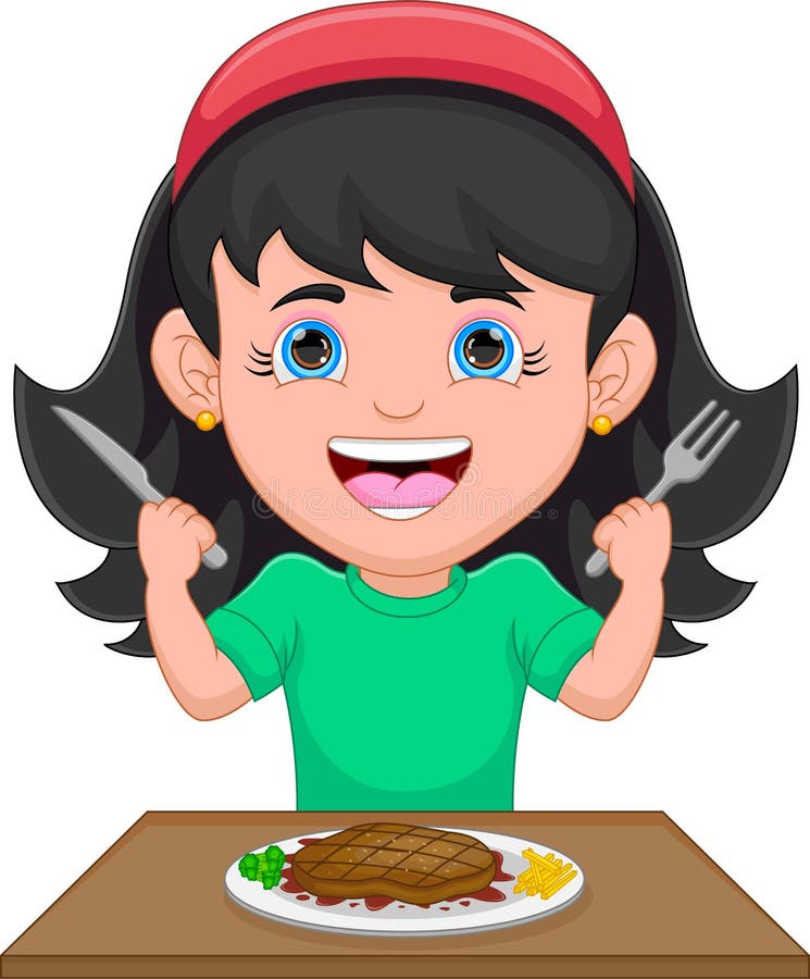 Hübsches Mädchen isst Rindsteak-Cartoon lizenzfreie abbildung